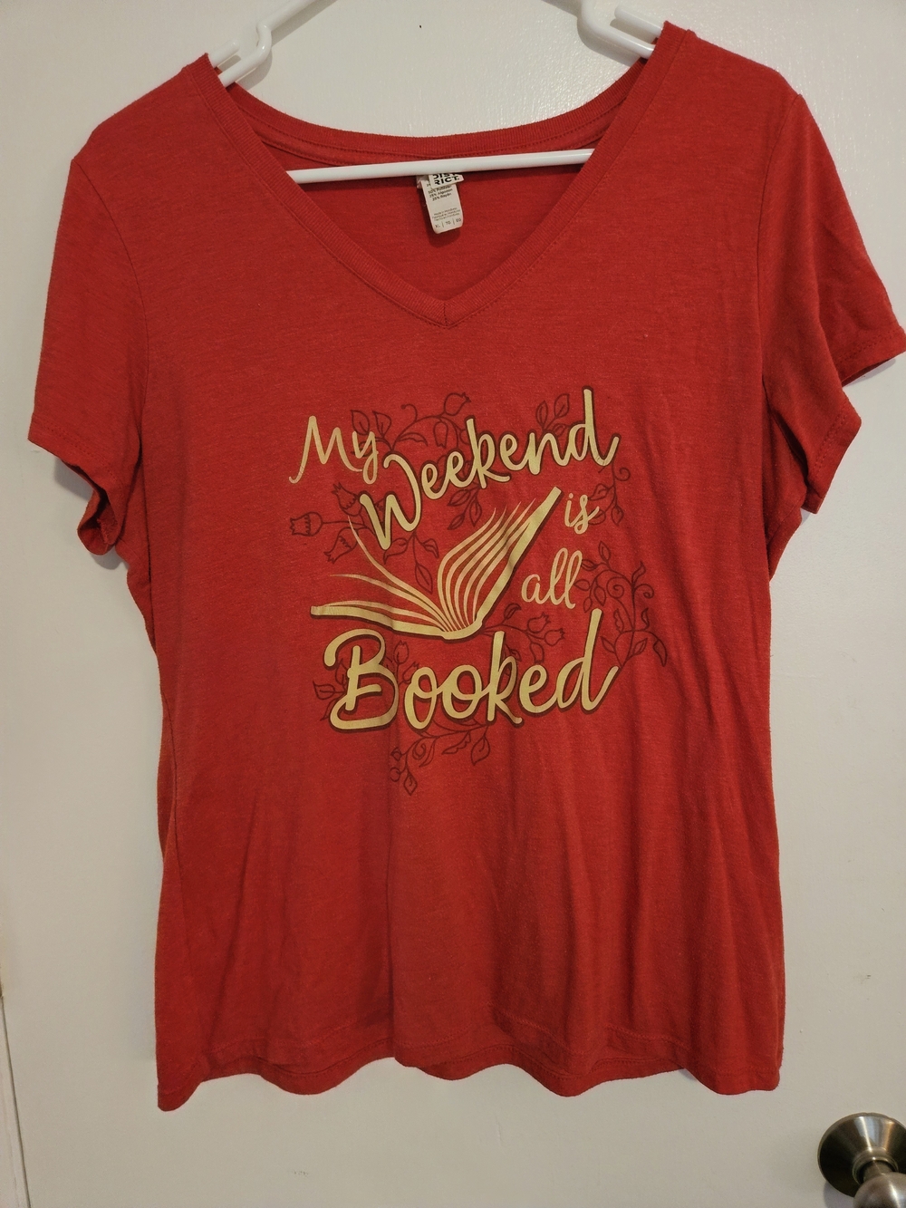 District Red V-Neck Graphic Tee with Yellow Book Script